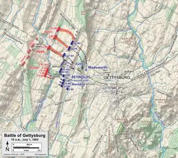 The Iron Brigade prepared for battle, at Gettysburg, by anchoring the Union Army's southern flank, 10:00–10:45&nbsp;a.m., on Day 1.