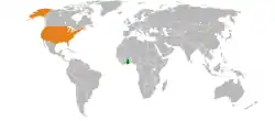 Map indicating locations of Ghana and USA