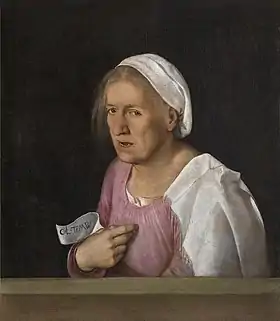 La Vecchia, "The Old Woman", Accademia. The paper she holds reads, "Col tempo" or "With time".