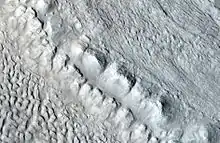 Enlargement of area in rectangle of the previous image.  On Earth the ridge would be called the terminal moraine of an alpine glacier.  Picture taken with HiRISE under the HiWish program.