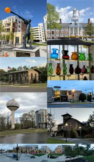 Clockwise from top right: Glassblower Statue, Bunce Hall at Rowan University, glass bottles from area glassworks, Glassboro Municipal Building, Whitney Mansion, panorama of the Rowan Boulevard downtown area, Glassboro Water Tower, and Historic West Jersey Depot (old train station)