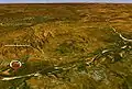 Oblique Landsat image draped over digital elevation data (x3 vertical exaggeration), Goat Paddock crater (circular feature in centre); screen capture from the NASA World Wind program