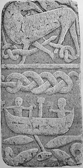 Engraving of a stone panel, possibly part of the second cross, showing Thor fishing.