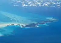 Great Harbour Cay from 38,000&nbsp;ft (11,582&nbsp;m). March 2010