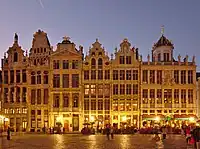 Grand-Place of Brussels. From right to left:  Le Roy d'Espagne, La Brouette, Le Sac, La Louve, Le Cornet and Le Renard.