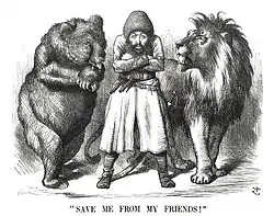 Image 4Political cartoon depicting the Afghan Emir Sher Ali with the rival "friends" the Russian Bear and British Lion (1878) (from History of Asia)
