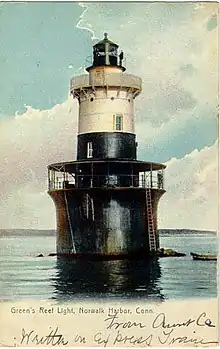Greens Ledge Lightstands in open water about 10 feet (3.0&nbsp;m) deep, about 1 km from land