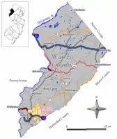Map of Greenwich Township in Warren County. Inset: Location of Warren County highlighted in the State of New Jersey.