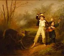 Painting of a wolf snarling at three children
