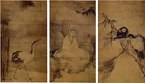 Muqi, Guanyin, Crane, and Gibbons, Southern Song (Chinese), 13th century, set of three hanging scrolls, ink and color on silk, height: 173.9–174.2&nbsp;cm (68.5–68.6&nbsp;in), collected in Daitokuji, Kyoto, Japan. Designated National Treasure.