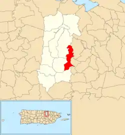 Location of Guaraguao Abajo within the municipality of Bayamón shown in red