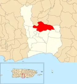 Location of Guayabal within the municipality of Juana Díaz shown in red