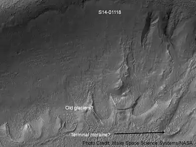 Gullies in a crater in Eridania, north of the large crater Kepler.  Also, features that may be remains of old glaciers are present.  One, to the right, has the shape of a tongue.  Image taken with Mars Global Surveyor, under the Public Target program.