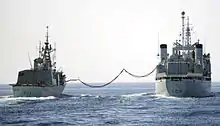 Royal Canadian Navy Frigate HMCS&nbsp;Regina being refueled by AOR HMCS&nbsp;Protecteur in the Pacific Ocean, 2013.
