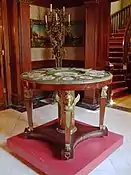 Empire style table with caryatids en gaine supported by bare feet, Musée Dufresne-Nincheri, Montreal, Canada