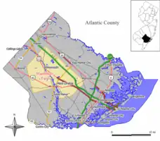 Map of Hamilton Township in Atlantic County. Inset: Location of Atlantic County highlighted in New Jersey.