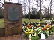 On a monument to Neuengamme victims in Hamburg, where the letters KZ are not nationality-letters, but rather are the German abbreviation for Konzentrationslager(concentration camp)