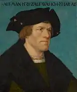 Hans Maler zu Schwaz, Portrait of a beardless man with the inscription:„ALS MAN. 1521. ZALT. WAS. ICH. 33. IAR ALT“(mutatis mutandis to English: „as we had in 1521, I was 33 years old)
