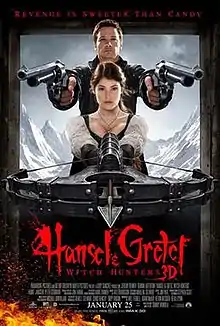 A man holding two pistols and directly in front of him a woman holding a crossbow