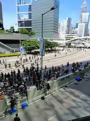 Protesters occupying Harcourt Road during the afternoon