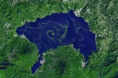 A harmful bloom of cyanobacteria (blue-green algae) spread across the lake (false colour image)