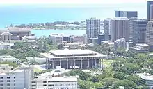 Hawaii State Capitol view photographed from the rim of Punchbowl Crater