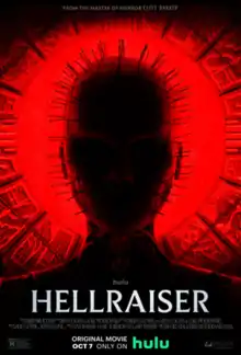The silhouette of the pinned-head Priest stands in front of a background resembling the mechanical puzzle box, all lit in red.