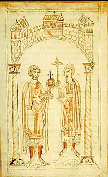 A miniature depicting a bearded man and a younger man facing each other