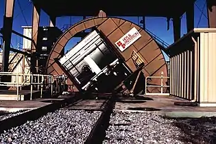 A rotary car dumper