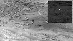 Perseverance rover parachute descend over the Jezero crater photographed by HiRISE on February 18, 2021.