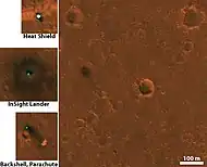 Image taken by HiRISE of the InSight lander and other pieces of hardware, after its successful landing. Image taken on December 11, 2018