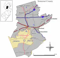 Map highlighting Hillsborough Township's location within Somerset County,New Jersey. Inset: Location of Somerset County in New Jersey.