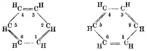 Kekulé's 1872 modification of his 1865 theory, illustrating rapid alternation of double bonds