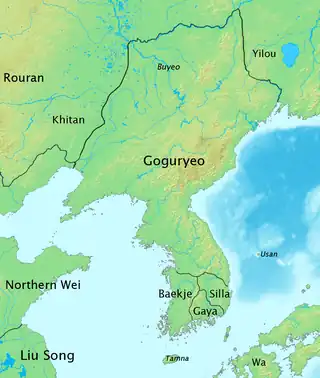 Image 63Korean peninsula in 476 AD. There are three kingdoms and Gaya Union in the picture. This picture shows the heyday of Goguryeo (from History of Asia)
