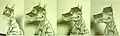 An optical illusion. A paper dragon shown from four angles across the 90 degree effective viewing area
