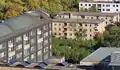 Plane grove with stone cube of the memorial place Neuer Börneplatz. View from the bell tower of the imperial cathedral St. Bartholomew; left and above: Trees of the Jewish Cemetery