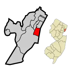 Location of Hoboken within Hudson County and the state of New Jersey