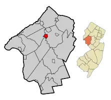 Map of Clinton in Hunterdon County. Inset: Location of Hunterdon County highlighted in the State of New Jersey.