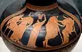 Attic red-figure hydria depicting hetairai, 490 - 480 BCE.  State Collections of Antiquities,  Munich. Women in symposium served mixed wine to the men (possibly the purpose of the woman in the center).