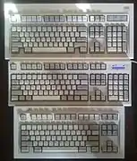 From top to bottom: IBM Model M Square Logo 1390131 (1986), Unicomp Spacesaver M UNIZPHA (2011), IBM Model M Space Saving 1392934 (1991)
