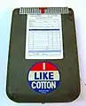 This receipt holder, with "I Like Cotton" sticker, comes from Galanty's, which was in business in Lake Providence, Louisiana, from 1896-1996. Many of Galanty's customers were cotton farmers.
