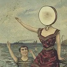 A drawing of a young boy and a woman out at sea. The boy is swimming, while the woman sits atop a box. She is wearing a red dress and has a drumhead for a face. A steam-powered ship can be seen in the background.