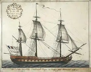 Portrait of the frigate Incorruptible flying the white flag with a tricolour canton, by Olivier Colin.
