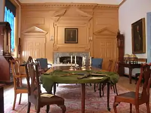 Governor's Council Chamber, Independence Hall, Philadelphia, Pennsylvania. The blue Marlborough-leg armchairs are believed to have been part of the set made for Governor John Penn.