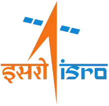This consists of an orange arrow shooting upwards attached with two blue coloured satellite panels with the name of ISRO written in two sets of text, orange-coloured Devanagari on the left and blue-coloured English in the Prakrta typeface on the right