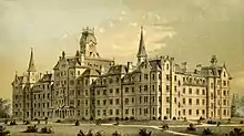 A lithograph image of an early Ohio State School for the Blind building. The full building is shown at an angle and highlights its architectural characteristics.