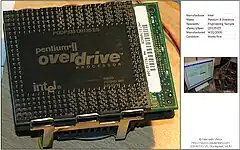 An engineering sample of the Pentium II Overdrive CPU showing the bottom of the unit.