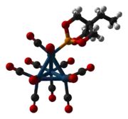 Ball-and-stick model of the (trimethylolpropane phosphite)tetrairidium undecacarbonyl cluster