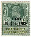 British 1903 King Edward VII revenue stamp appropriated for Petty Sessions for use in Ireland (further overprinted for Dog Licence).