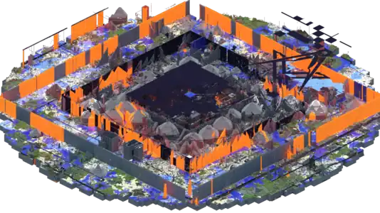 A render of 2b2t's spawn region as of June 2019, providing an alternative side view in an isometric projection of the render in the Culture section